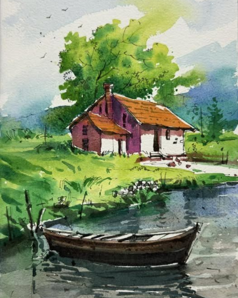 HOUSE NEAR A LAKE WITH A BOAT